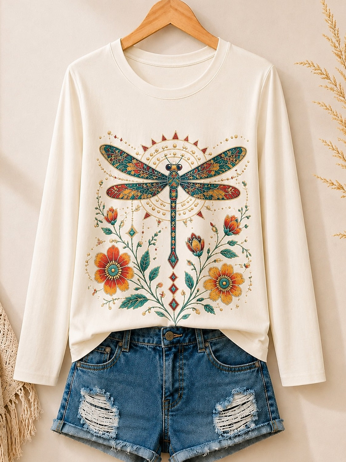 Dragonfly Among Wildflowers women's cotton long sleeve tee - Apricot