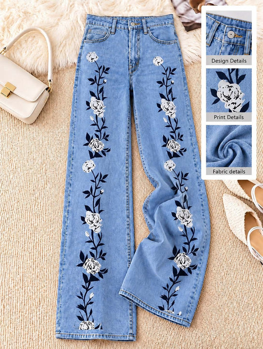 Floral Vine Side Border Wide Leg Jeans - Flora Women's Jeans