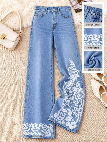 Floral Side Panel Wide Leg Jeans - Flora Women's Jeans