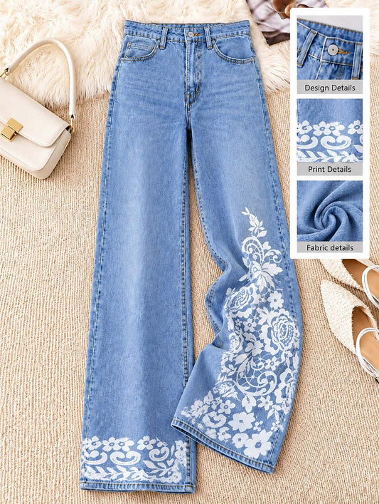 Floral Side Panel Wide Leg Jeans - Flora Women's Jeans
