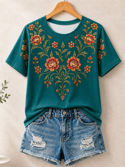 Vintage Floral Medallion women's cotton tee - White