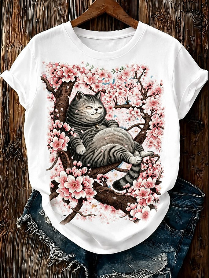 Pink Cat Cotton Tee in White