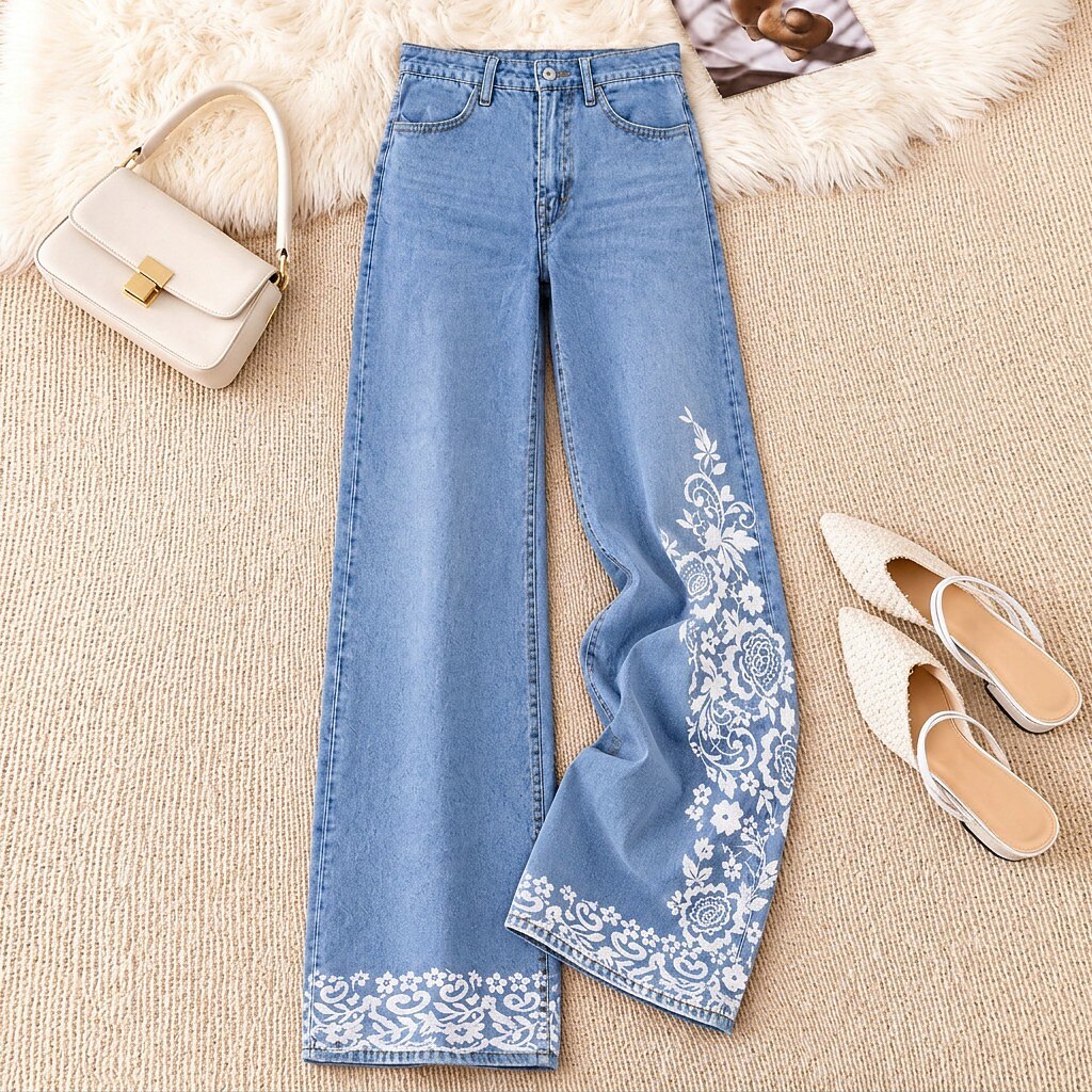 Floral Border Wide Leg Jeans - Flora Women's Jeans