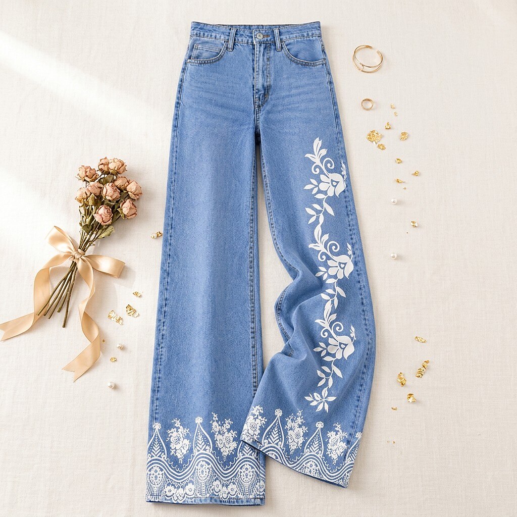 Floral Border Wide Leg Jeans - Flora Women's Jeans