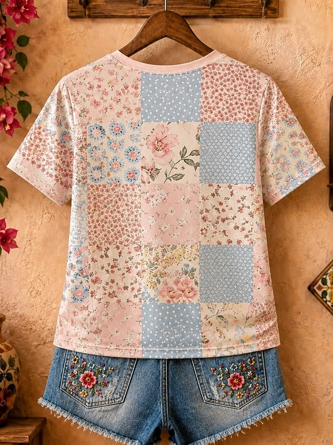 Rose And Daisy Floral Patchwork - Flora Cotton Tee