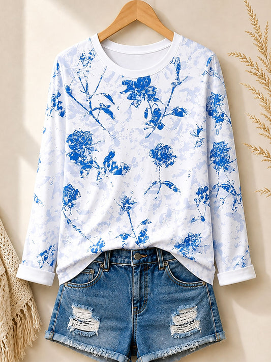 Distressed Floral Blossoms women's cotton long sleeve tee - White