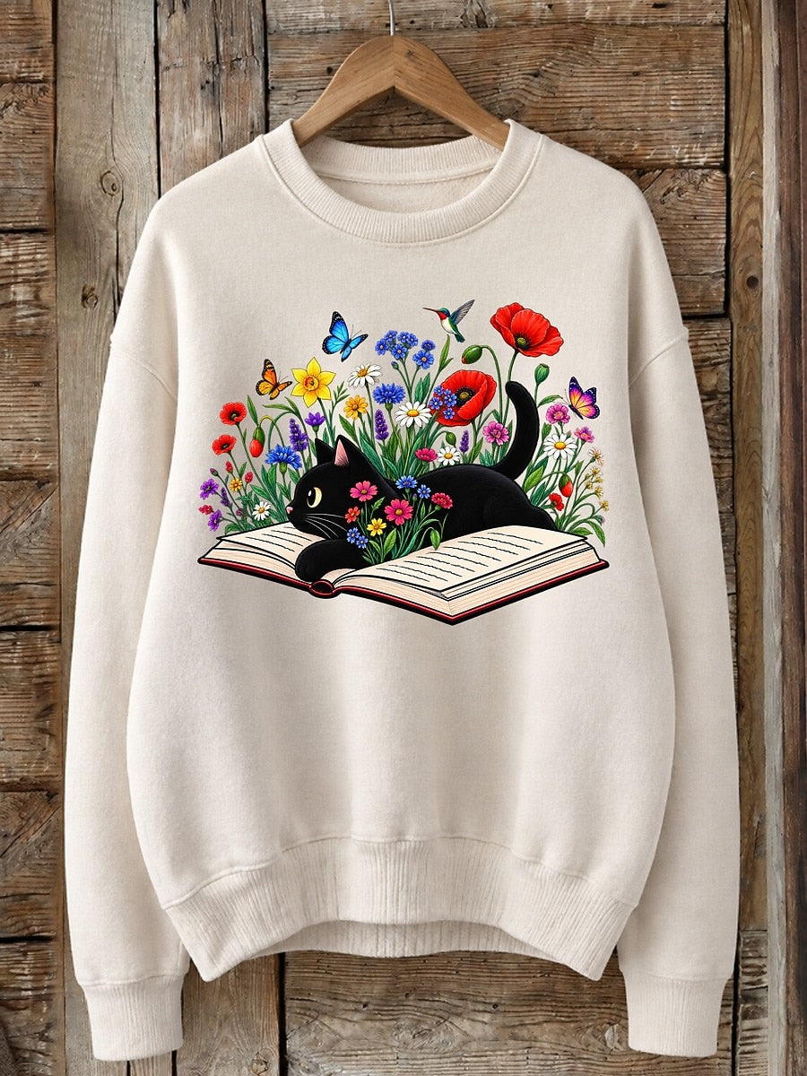 Cat Reading Among Wildflowers - Nature Story Cotton Blend Sweatshirt