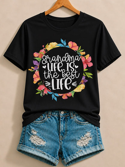 Grandma Life Is The Best Life Floral Wreath - Life Stories Cotton Tee
