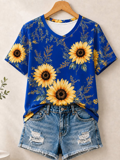 Sunflowers Allover Print women's cotton tee - Blue