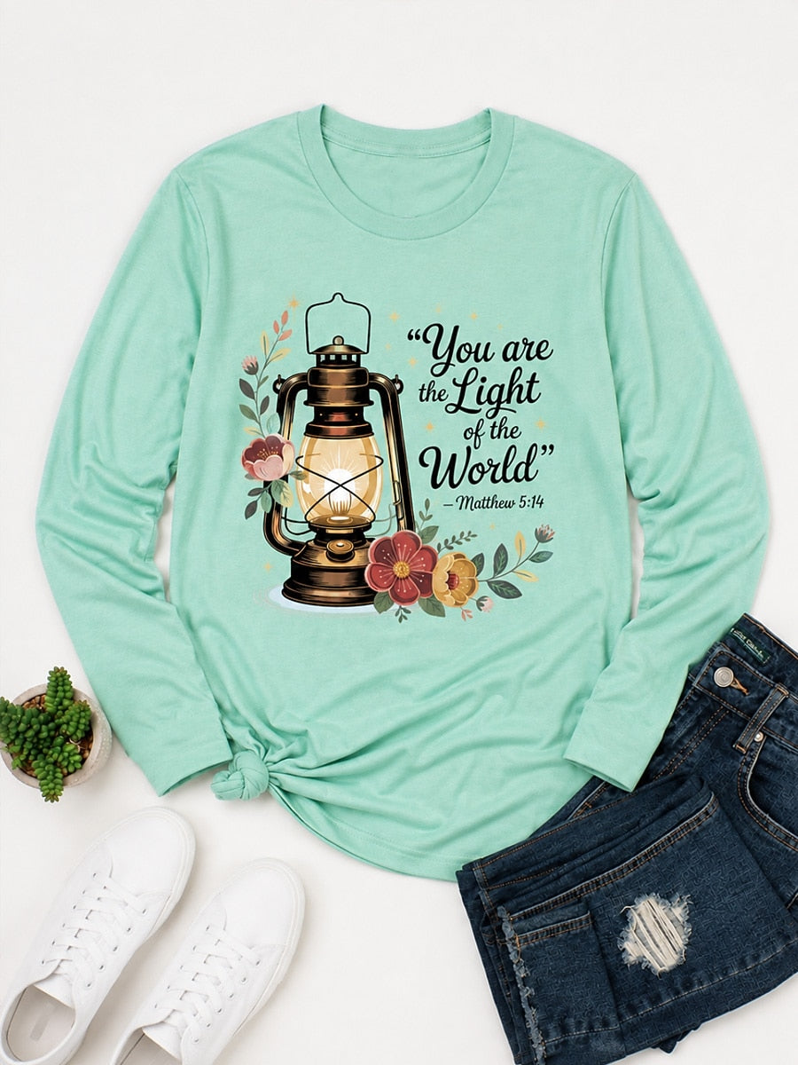 You Are The Light Of The World With Lantern And Flowers women's cotton long sleeve tee - Green