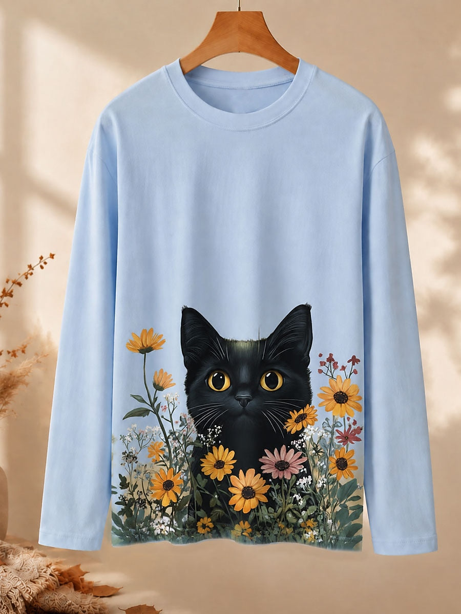 Cat Among Daisies - Nature Story Cotton Long Sleeve Tee
