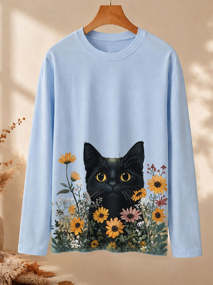 Cat Among Daisies - Nature Story Cotton Long Sleeve Tee