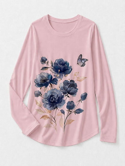 Blue Floral Cotton Tee in Blue