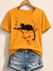 Cat On Cherry Blossom Branch - Nature Story Cotton Tee