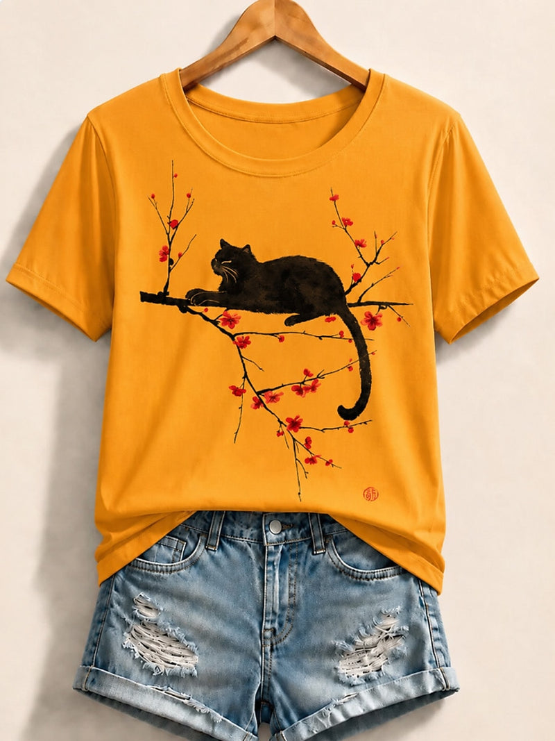 Cat On Cherry Blossom Branch - Nature Story Cotton Tee