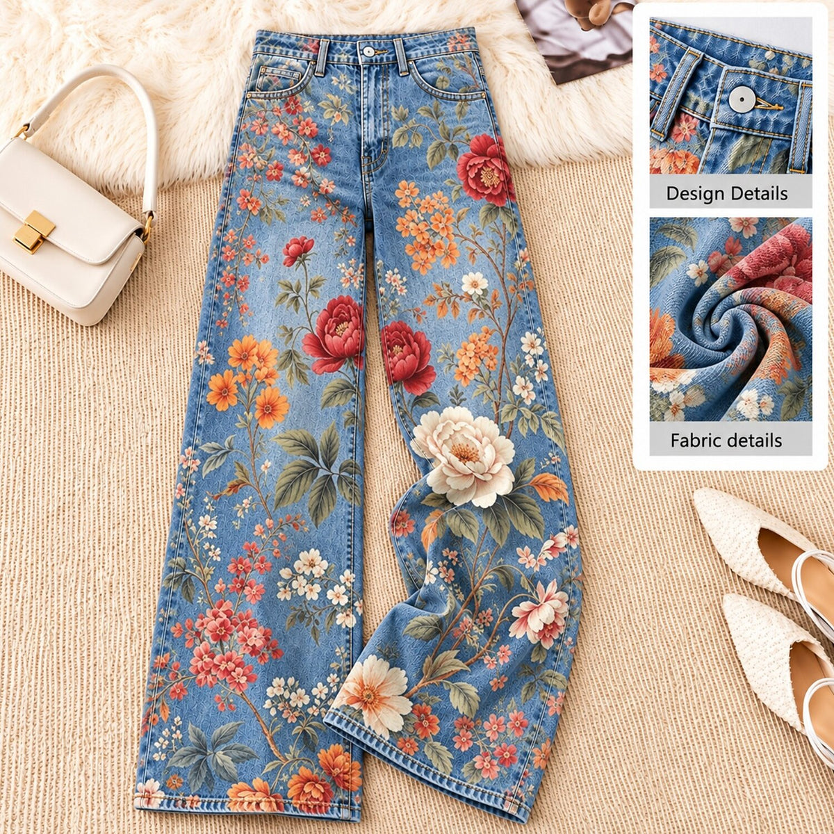 Rose And Floral Garden Wide Leg Jeans - Flora Women's Jeans