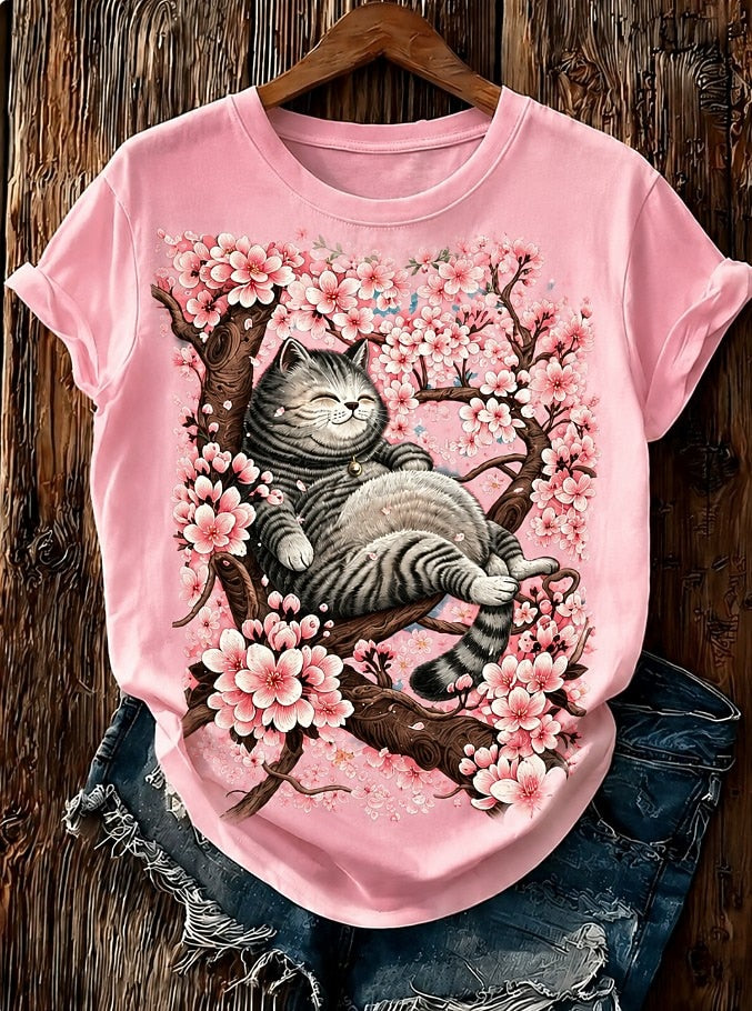 Vintage Gartenkatze – T-Shirt aus natürlicher Baumwolle mit Blumenmuster