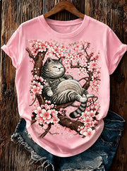 Vintage Gartenkatze – T-Shirt aus natürlicher Baumwolle mit Blumenmuster