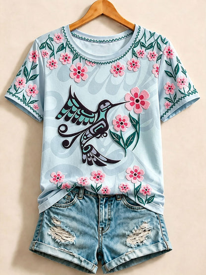 Purple Bird Cotton Tee in Blue