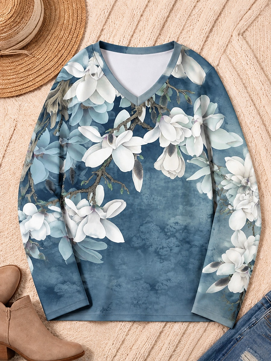Botanical Blossoms Across The Shoulders - Flora Cotton Long Sleeve Tee