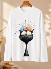 Whimsical Cat With Flowers - Nature Story Cotton Long Sleeve Tee