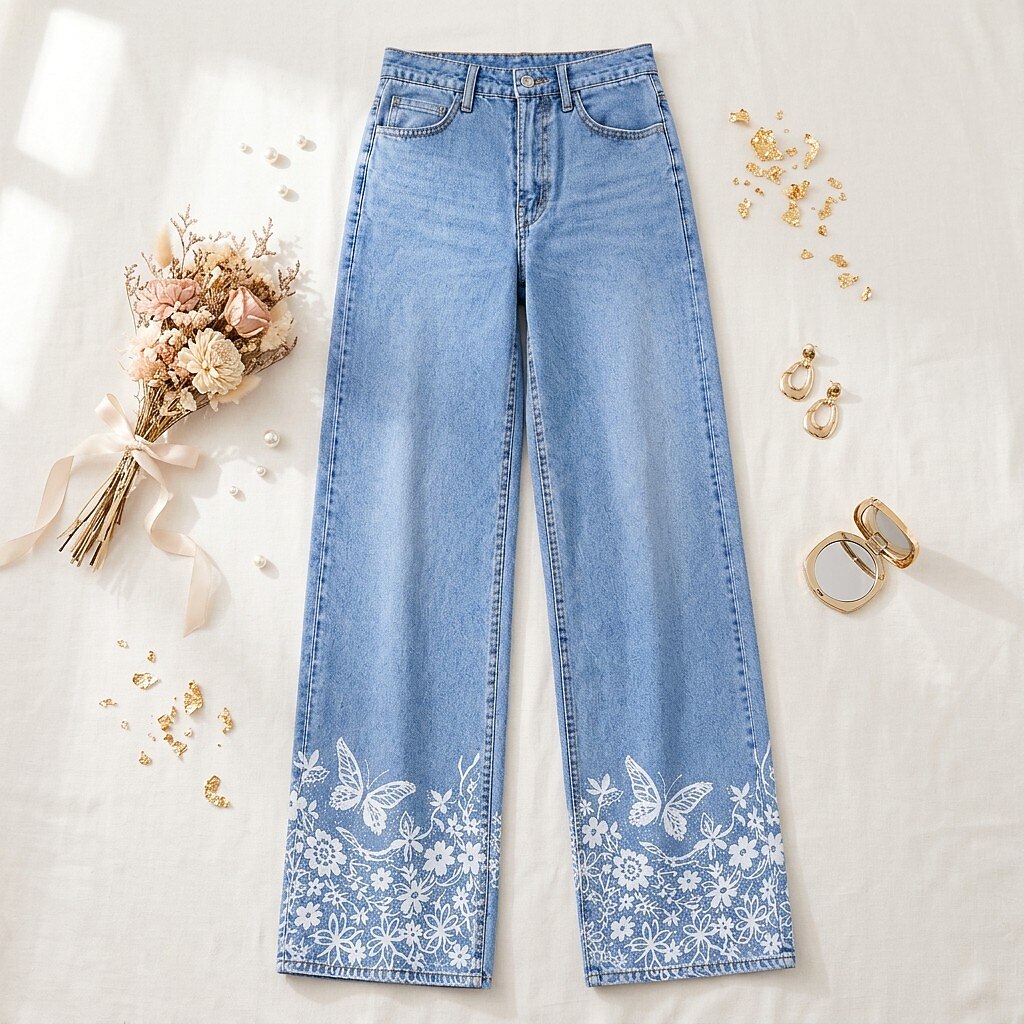 Floral Detail Wide Leg Jeans - Flora Women's Jeans