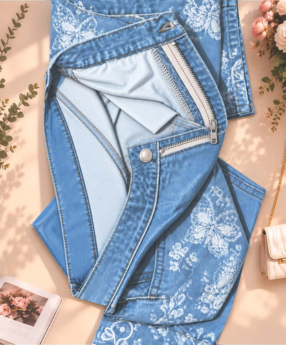 Floral Motif Wide Leg Jeans - Flora Women's Jeans