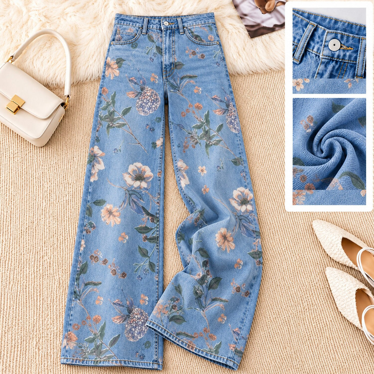 Scattered Floral Blossoms Wide Leg Jeans - Flora Women's Jeans