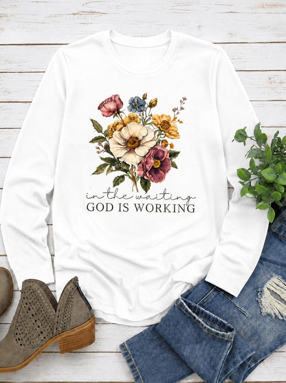 God Is Working In The Waiting With Floral Bouquet women's cotton long sleeve tee - White
