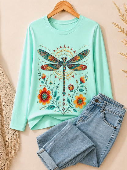Dragonfly Among Wildflowers women's cotton long sleeve tee - Light Green