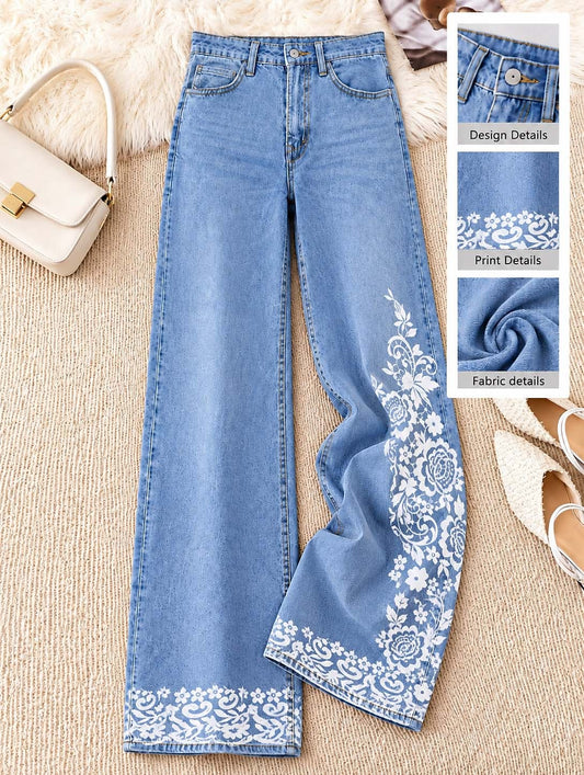 Floral Border Wide Leg Jeans - Flora Women's Jeans