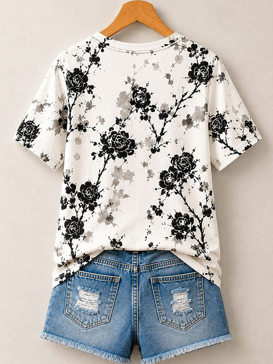 Ink Wash Botanical Blossoms Allover Print women's cotton tee - Blue