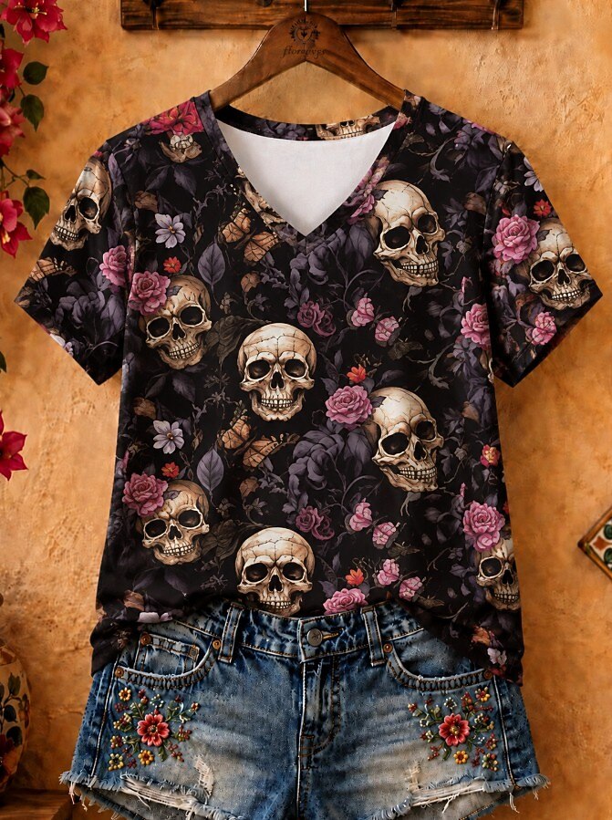 V-Neck Floral Skull - Flora Cotton Tee