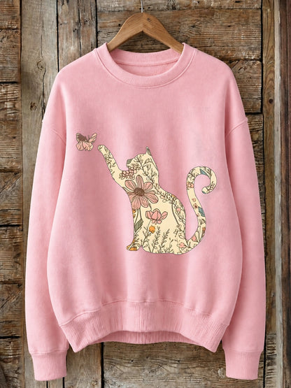 Floral Cat With Butterfly - Nature Story Cotton Blend Sweatshirt