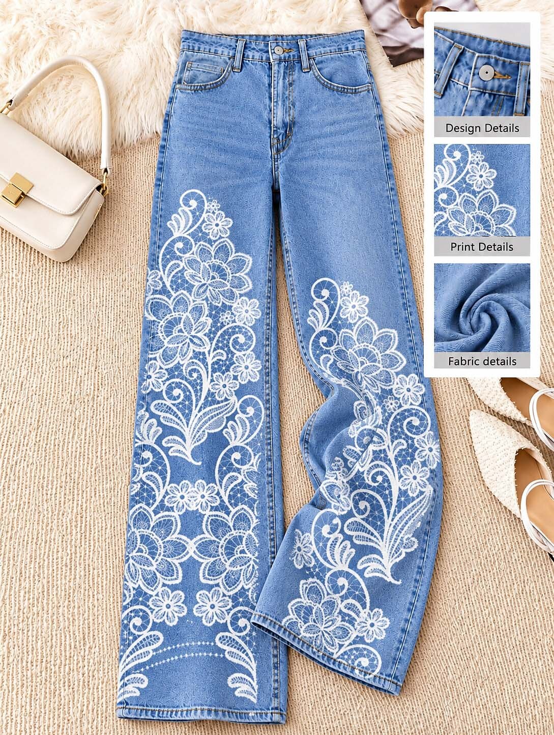 Floral Motif Wide Leg Jeans - Flora Women's Jeans