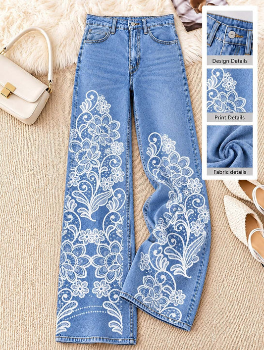 Floral Motif Wide Leg Jeans - Flora Women's Jeans