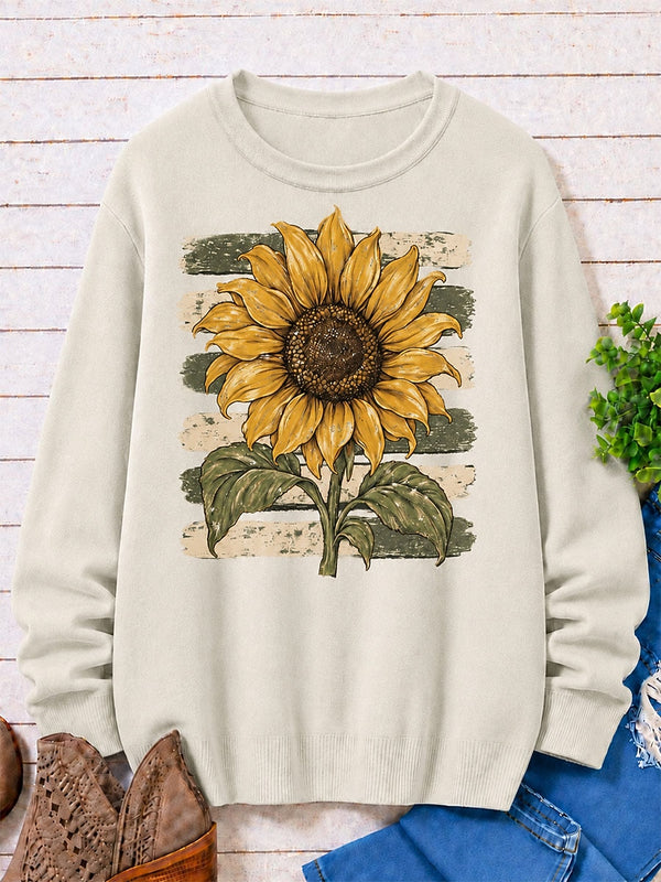 Sunflower Against Rustic Stripes - Flora Cotton Blend Sweaters