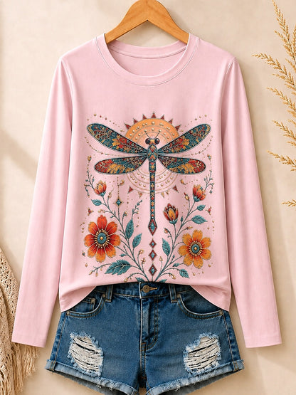 Dragonfly Among Wildflowers women's cotton long sleeve tee - Pink