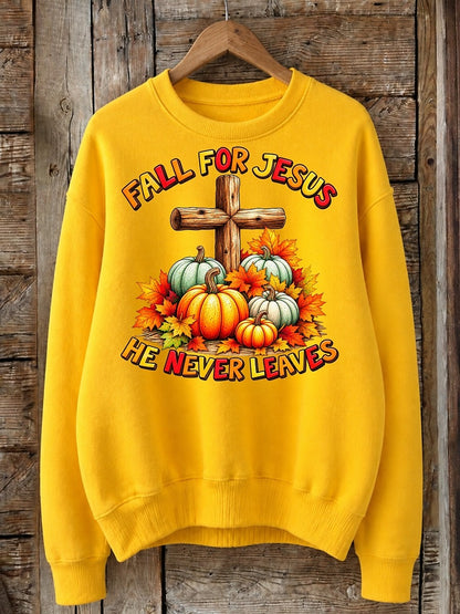 Fall For Jesus He Never Leaves - Christian Inspirational Cotton Blend Sweatshirt