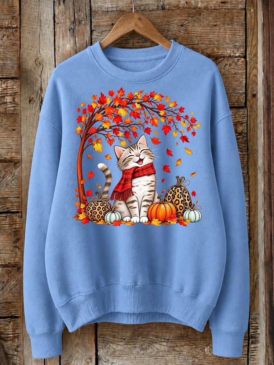 Cat Under Maple Tree With Pumpkins - Nature Story Cotton Blend Sweatshirt