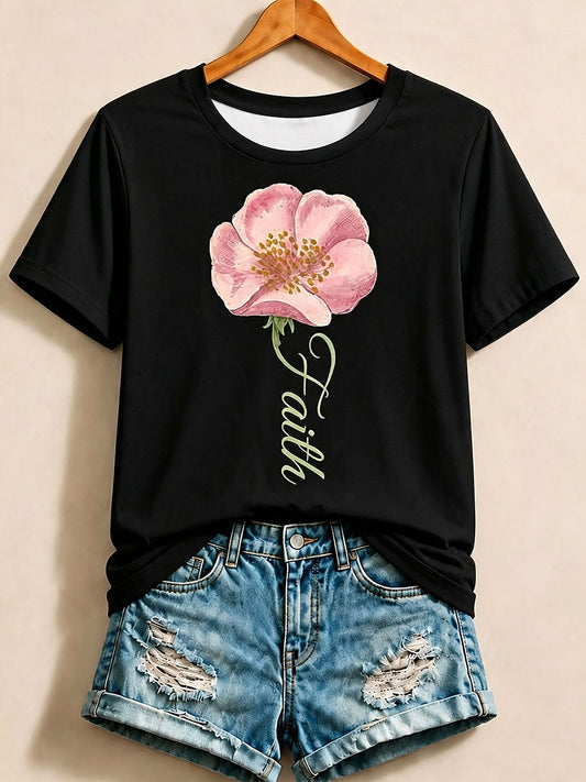 Black Floral Letter Tee in Black