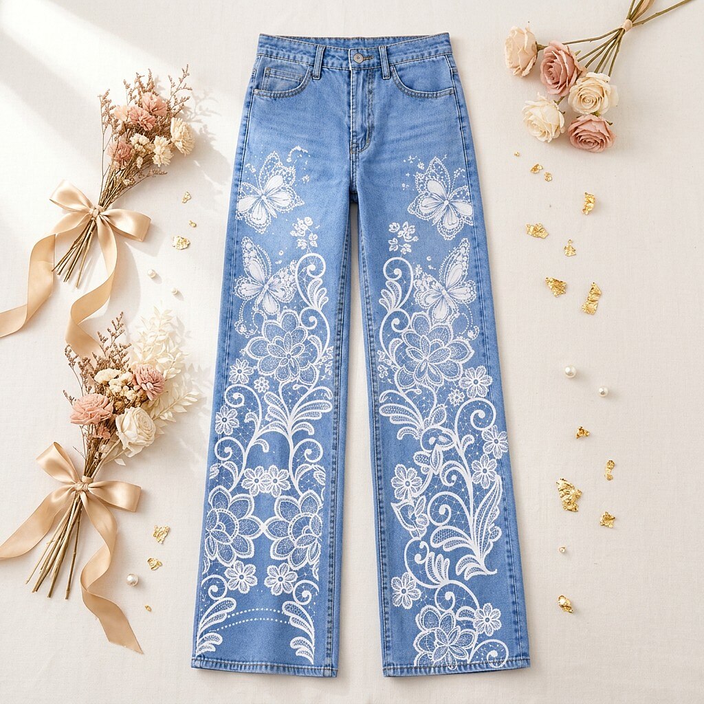 Floral Hem Border Wide Leg Jeans - Flora Women's Jeans
