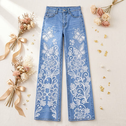 Floral Hem Border Wide Leg Jeans - Flora Women's Jeans