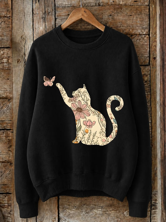 Floral Cat With Butterfly - Nature Story Cotton Blend Sweatshirt