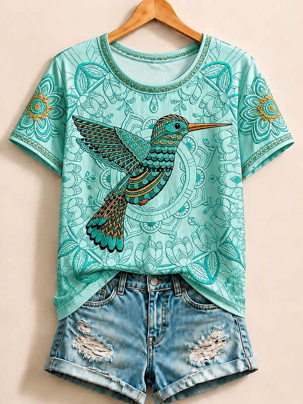 Hummingbird Among Mandala Flowers - Nature Story Cotton Tee
