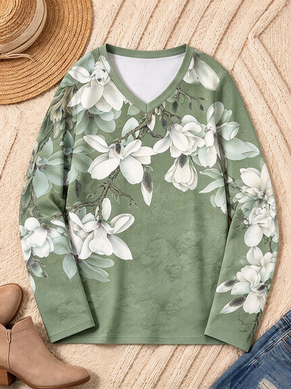 Botanical Blossoms Across The Shoulders - Flora Cotton Long Sleeve Tee