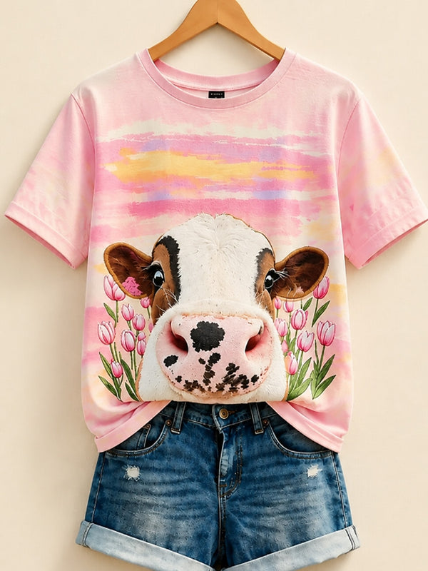 Farmhouse Cow Among Tulips - Nature Story Cotton Tee