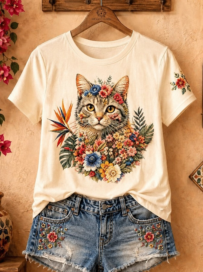 Cat Among Daisies And Bird Of Paradise - Nature Story Cotton Tee