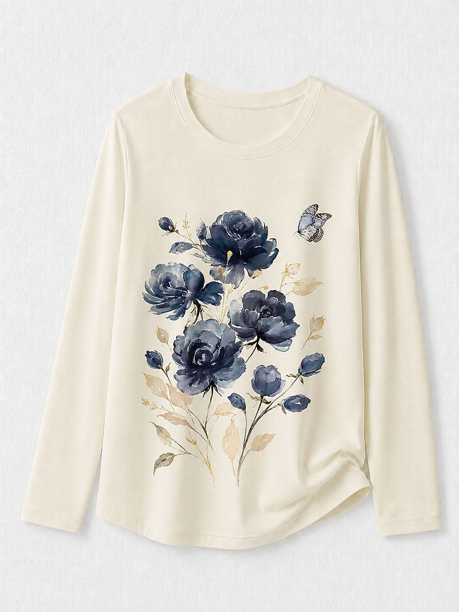 Blue Floral Cotton Tee in Blue