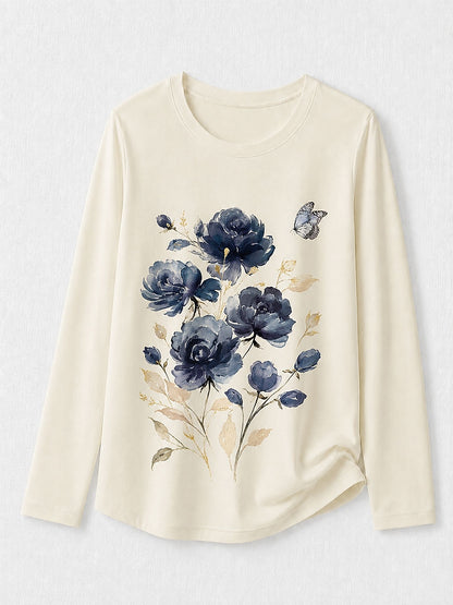 Blue Floral Cotton Tee in Blue